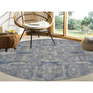 8'1"x8'1" Round Blue Wool And Pure Silk Jewellery Design Hand Knotted Oriental Rug FWR354000