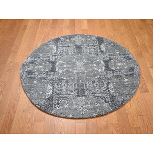 4'x4' Round Gray Wool And Pure Silk Jewellery Design Hand Knotted Oriental Rug FWR354150