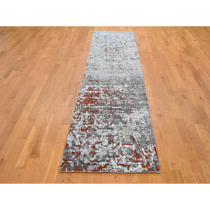 2'5"x12' Terracotta Abstract Design Wool And Silk Hi-Low Pile Denser Weave Runner Hand Knotted Oriental Rug FWR354258