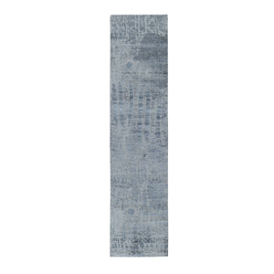 2'5"x10'1" Abstract Design Wool And Silk Hi-Low Pile Denser Weave Runner Hand Knotted Oriental Rug FWR354480