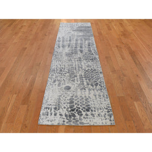 2'5"x10'1" Abstract Design Wool And Silk Hi-Low Pile Denser Weave Runner Hand Knotted Oriental Rug FWR354480