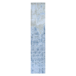2'6"x12'4" Abstract Design Wool And Silk Denser Weave Runner Hand Knotted Modern Rug FWR354678