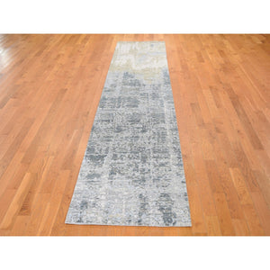 2'6"x12'4" Abstract Design Wool And Silk Denser Weave Runner Hand Knotted Modern Rug FWR354678