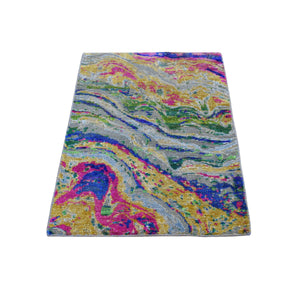 2'x3' THE LAVA, Sari Silk With Textured Wool Hand Knotted Oriental Rug FWR354756