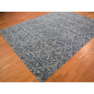 8'9"x12'3" THE INTERWINED TRIANGLES, Blue Silk With Textured Wool Hand Knotted Oriental Rug FWR354840