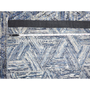 8'9"x12'3" THE INTERWINED TRIANGLES, Blue Silk With Textured Wool Hand Knotted Oriental Rug FWR354840