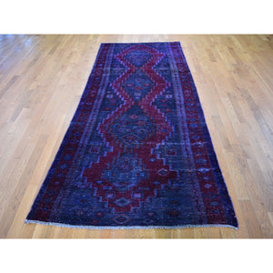 4'1"x10' Gallery Size Overdyed Persian Hamadan Worn Wool Hand Knotted Oriental Rug FWR355266