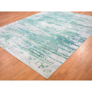8'10"x12' Sari Silk With Textured Wool Green Erased Chevron Design Oriental Rug FWR355344