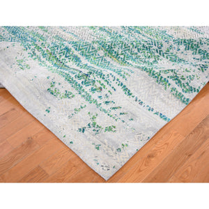 8'10"x12' Sari Silk With Textured Wool Green Erased Chevron Design Oriental Rug FWR355344