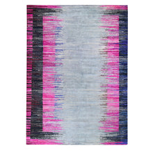 Load image into Gallery viewer, 9&#39;x12&#39; Erased Horizontal Line Design ,Pink Sari Silk With Textured Wool Oriental Rug FWR355374