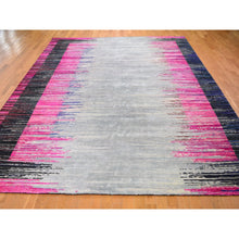 Load image into Gallery viewer, 9&#39;x12&#39; Erased Horizontal Line Design ,Pink Sari Silk With Textured Wool Oriental Rug FWR355374
