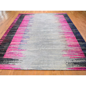 9'x12' Erased Horizontal Line Design ,Pink Sari Silk With Textured Wool Oriental Rug FWR355374