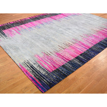 Load image into Gallery viewer, 9&#39;x12&#39; Erased Horizontal Line Design ,Pink Sari Silk With Textured Wool Oriental Rug FWR355374