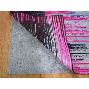 9'x12' Erased Horizontal Line Design ,Pink Sari Silk With Textured Wool Oriental Rug FWR355374