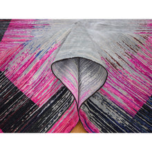 Load image into Gallery viewer, 9&#39;x12&#39; Erased Horizontal Line Design ,Pink Sari Silk With Textured Wool Oriental Rug FWR355374