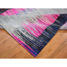 Load image into Gallery viewer, 9&#39;x12&#39; Erased Horizontal Line Design ,Pink Sari Silk With Textured Wool Oriental Rug FWR355374