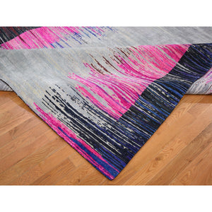9'x12' Erased Horizontal Line Design ,Pink Sari Silk With Textured Wool Oriental Rug FWR355374