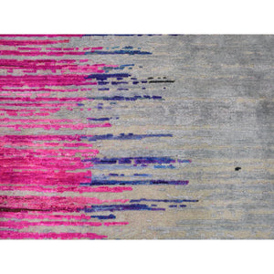 9'x12' Erased Horizontal Line Design ,Pink Sari Silk With Textured Wool Oriental Rug FWR355374