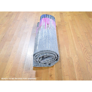 9'x12' Erased Horizontal Line Design ,Pink Sari Silk With Textured Wool Oriental Rug FWR355374