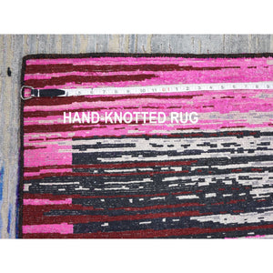 9'x12' Erased Horizontal Line Design ,Pink Sari Silk With Textured Wool Oriental Rug FWR355374