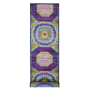 3'2"x17'5" Sari Silk with Textured Wool Mamluk Design XL Runner Oriental Rug FWR355410