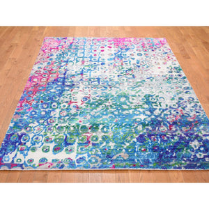 5'x7'3" THE PEACOCK, Sari Silk Colorful Hand Knotted Oriental Rug FWR355464