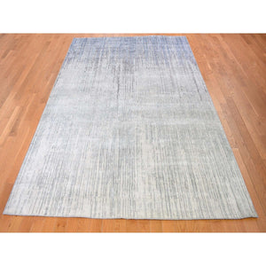 6'x8'10" Gray Vertical Ombre Design Pure Silk Hand Knotted Oriental Rug FWR355542