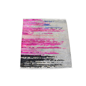 2'x2' Erased Horizontal Line Design ,Pink Sari Silk With Textured Wool Oriental Rug FWR355674