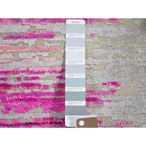 2'x2' Erased Horizontal Line Design ,Pink Sari Silk With Textured Wool Oriental Rug FWR355674
