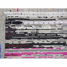 Load image into Gallery viewer, 2&#39;x2&#39; Erased Horizontal Line Design ,Pink Sari Silk With Textured Wool Oriental Rug FWR355674