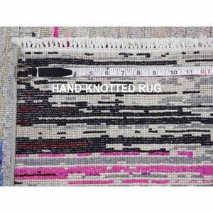 2'x2' Erased Horizontal Line Design ,Pink Sari Silk With Textured Wool Oriental Rug FWR355674