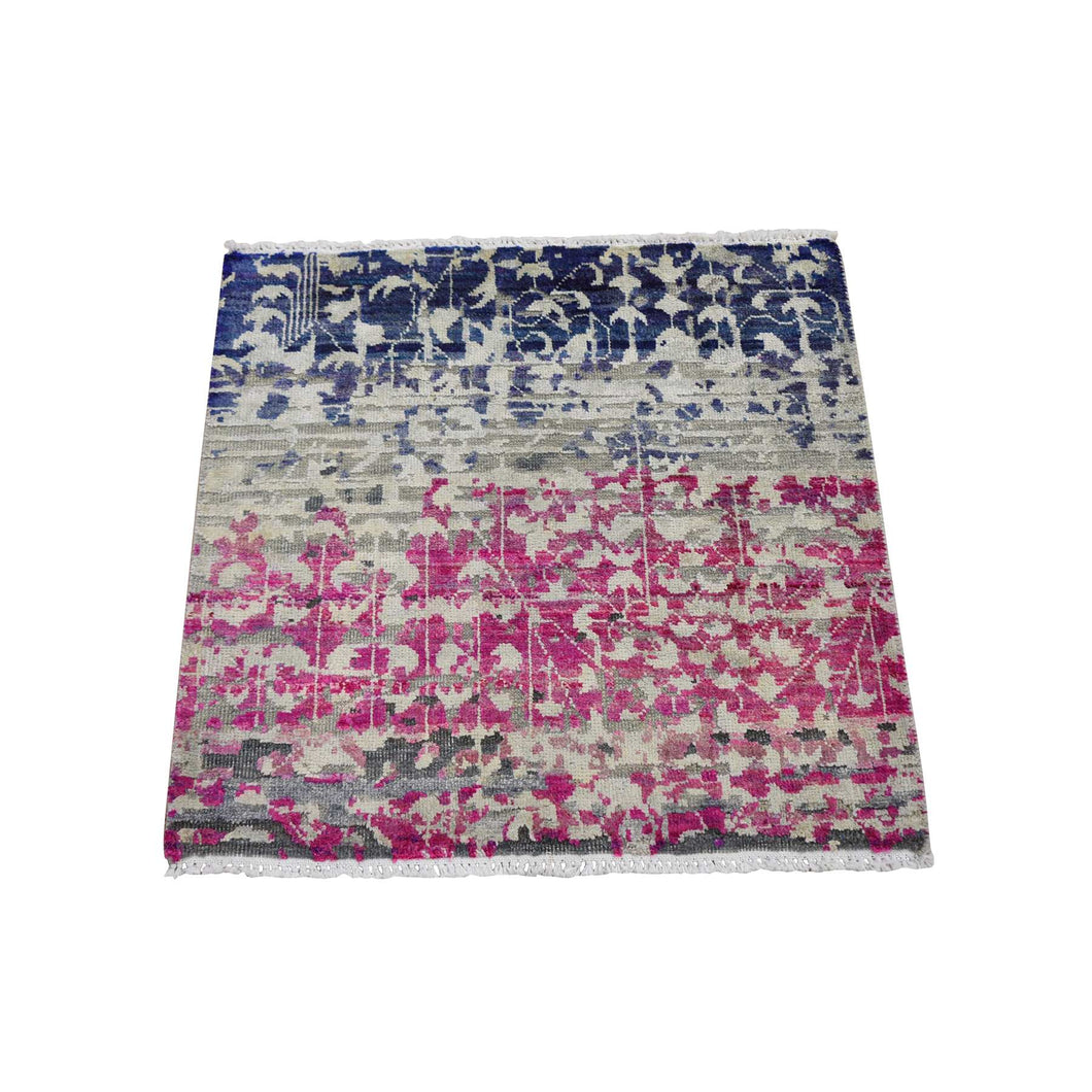2'x2' Sample Gray Sari Silk With Textured Wool Hand Knotted Oriental Rug FWR355698