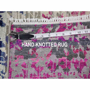 2'x2' Sample Gray Sari Silk With Textured Wool Hand Knotted Oriental Rug FWR355698