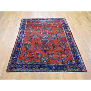 4'3"x6'3" Red Antique Persian Mohajeran Sarouk Some Wear Soft And Clean Hand Knotted Oriental Rug FWR355770