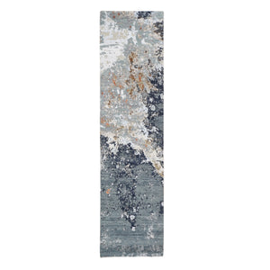 2'6"x10' Gray Dense Weave Abstract Design Wool and Silk Hand Knotted Runner Oriental Rug FWR356088