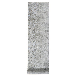 2'6"x12'1" Gray Dense Weave Abstract Design Wool and Silk Hi-Low Pile Hand Knotted Runner Oriental Rug FWR356094