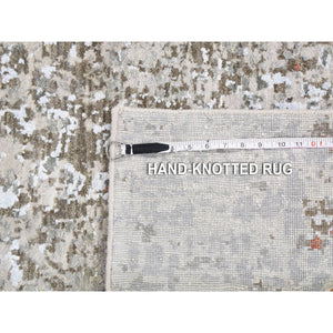 2'6"x12'1" Gray Dense Weave Abstract Design Wool and Silk Hi-Low Pile Hand Knotted Runner Oriental Rug FWR356094