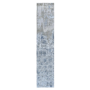 2'5"x12'1" Ivory Dense Weave Abstract Design Wool and Silk Hand Knotted Runner Oriental Rug FWR356124