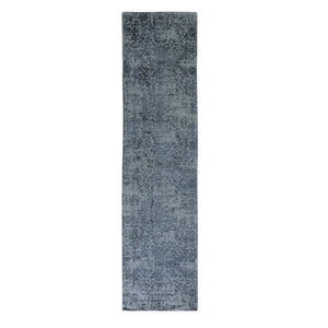 2'5"x10'1" Gray Fine jacquard Hand Loomed Erased Design Wool and Silk Runner Oriental Rug FWR356160