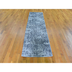 2'5"x10'1" Gray Fine jacquard Hand Loomed Erased Design Wool and Silk Runner Oriental Rug FWR356160