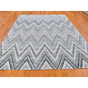8'9"x12'2" Ivory Chevron Design Textured Wool and Pure Silk Hand Knotted Oriental Rug FWR356622