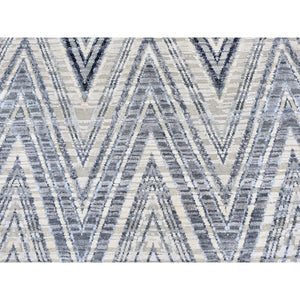 8'9"x12'2" Ivory Chevron Design Textured Wool and Pure Silk Hand Knotted Oriental Rug FWR356622