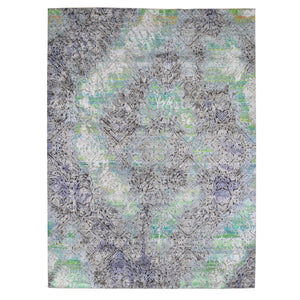 9'x12'6" Greens DIMINISHING COINS, Sari Silk with Textured Wool Hand Knotted Oriental Rug FWR356754