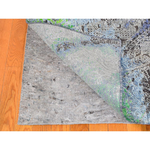 9'x12'6" Greens DIMINISHING COINS, Sari Silk with Textured Wool Hand Knotted Oriental Rug FWR356754