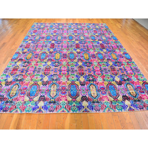 8'10"x12' Colorful Jewellery Design Sari Silk with Textured Wool Hand Knotted Oriental Rug FWR356760