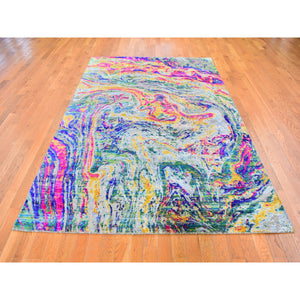 5'10"x9' THE LAVA, Colorful Sari Silk with Textured Wool Hand Knotted Oriental Rug FWR356814