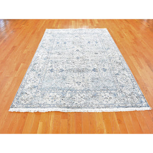 6'x9'3" Ivory Distressed Oushak Pure Silk with Textured Wool Hand Knotted Oriental Rug FWR356868