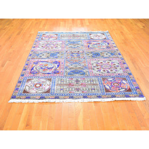6'1"x9' Blue Sari Silk with Textured Wool Arts and Crafts Block Design Hand Knotted Oriental Rug FWR356880