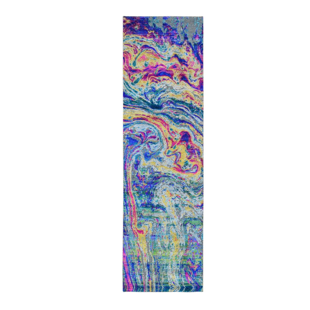 3'x10' Colorful Sari Silk With Textured Wool The Lava Design Wide Runner Hand Knotted Oriental Rug FWR356898