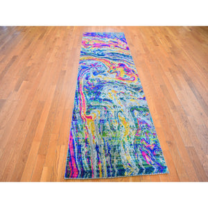 3'x10' Colorful Sari Silk With Textured Wool The Lava Design Wide Runner Hand Knotted Oriental Rug FWR356898